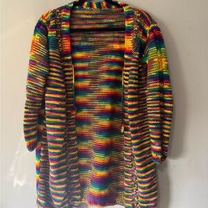Handmade Rainbow Stripe Knit Open Front Cardigan Sweater Women Size Large‎